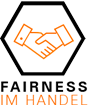 Logo mit einem Handschlag und dem Text "Fairness im Handel" in einem Hexagon.