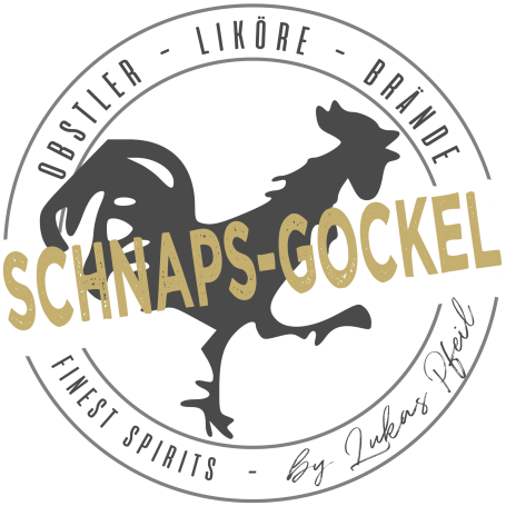 Firmenlogo vom Schnapsgockel. Gelber Hahn in Seitenansicht umgeben von einem Kreis. Quer über den Hahn steht in großer Schrift der Firmenname "Schnaps-Gockel".  Im Kreis steht mit grauer Schrift am Rand: Obstler, Brände, Liköre und die Webadresse: www.schnaps-gockel.de by Lukas Pfeil
